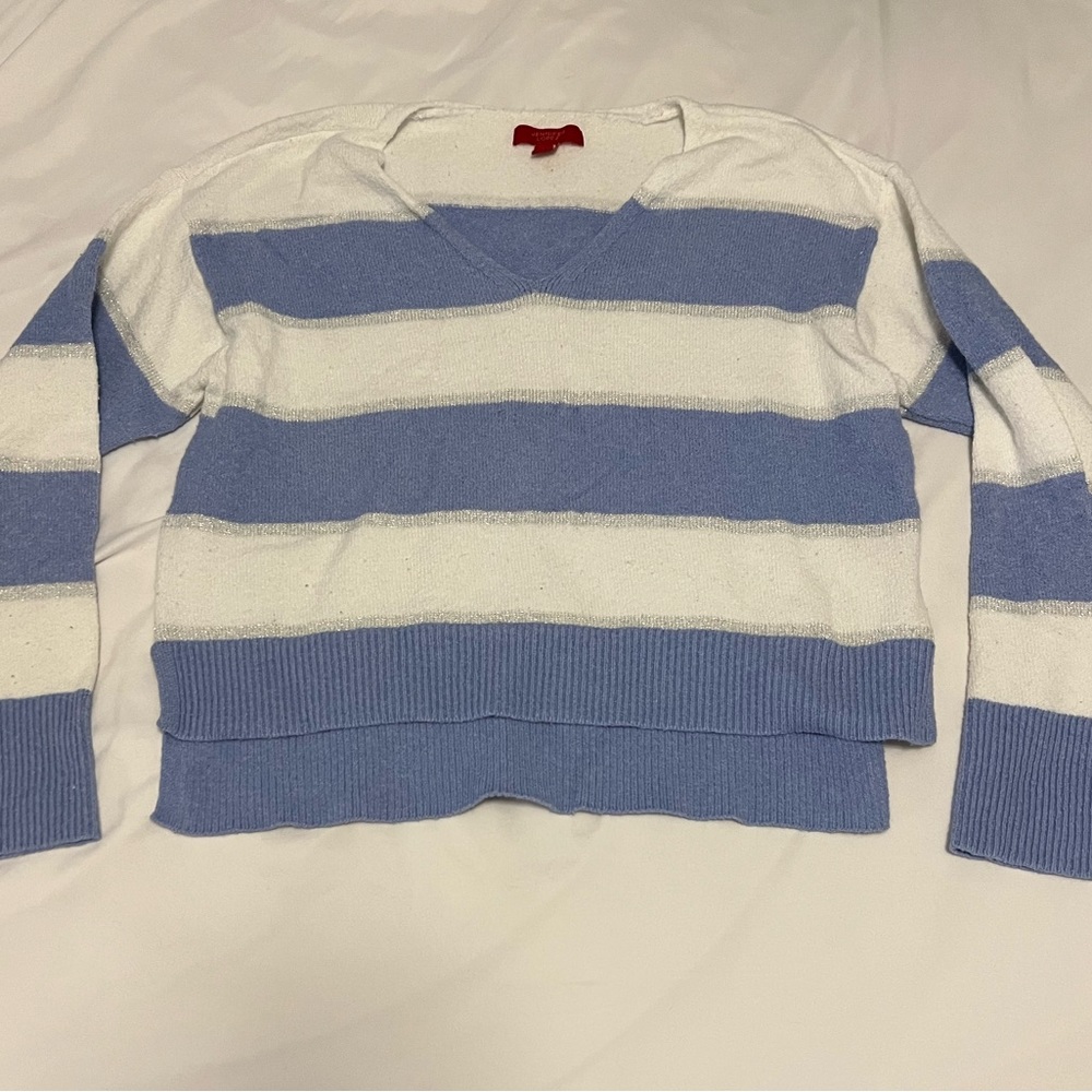 Jennifer Lopez Blue Striped V-Neck Sweater